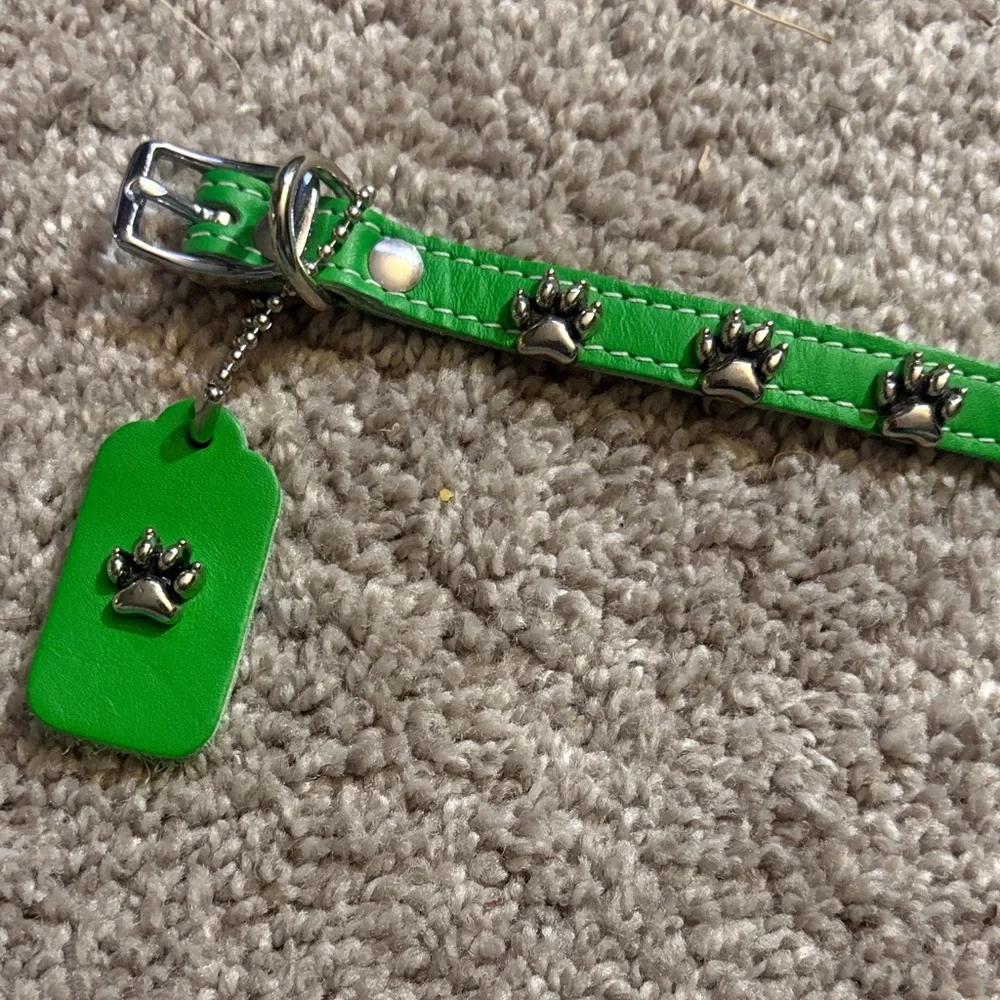 New leather Green One Dog Collar with Paw Print Accents size 19 inches xs/small